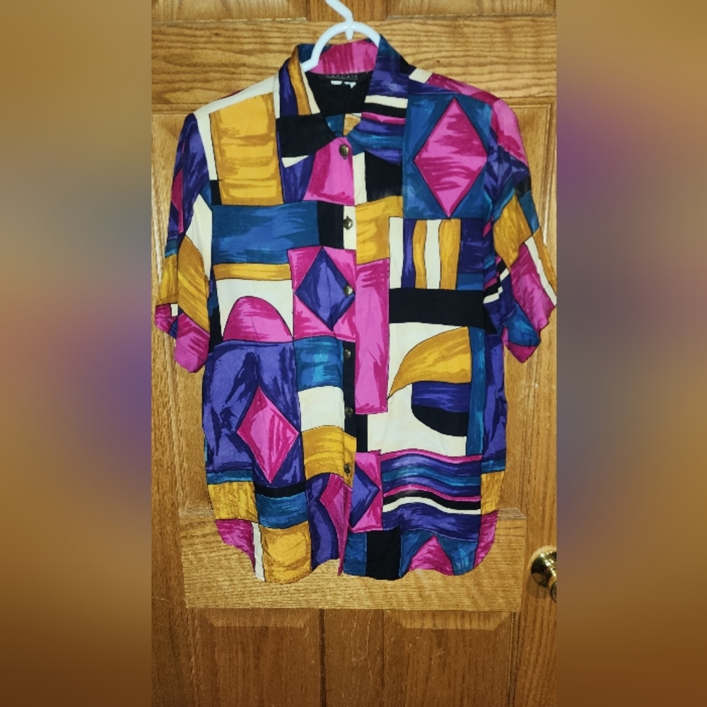 Vintage Cascais of California Short Sleeve Multicolor Metal Button Down Vibrant